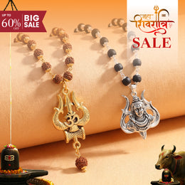 OM Shiva Trishool Rudraksha Necklace Combo with Mahadev Mukh Karungali Pendant