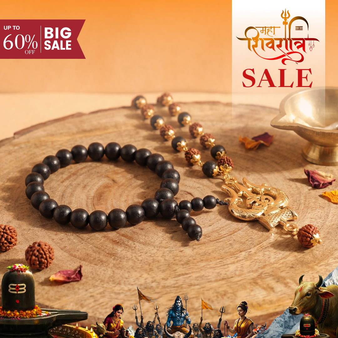 Karungali Malai Gold-Cap Combo with Shiv Trishul & Rudraksha Pendant and Bracelet