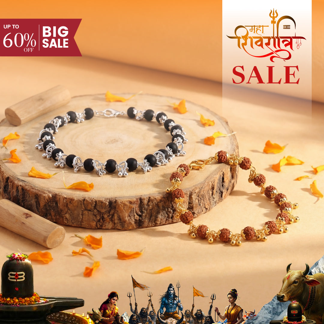 Karungali Beads Floral Silver Bracelet and Gold Plated Rudraksha Bracelet for Women