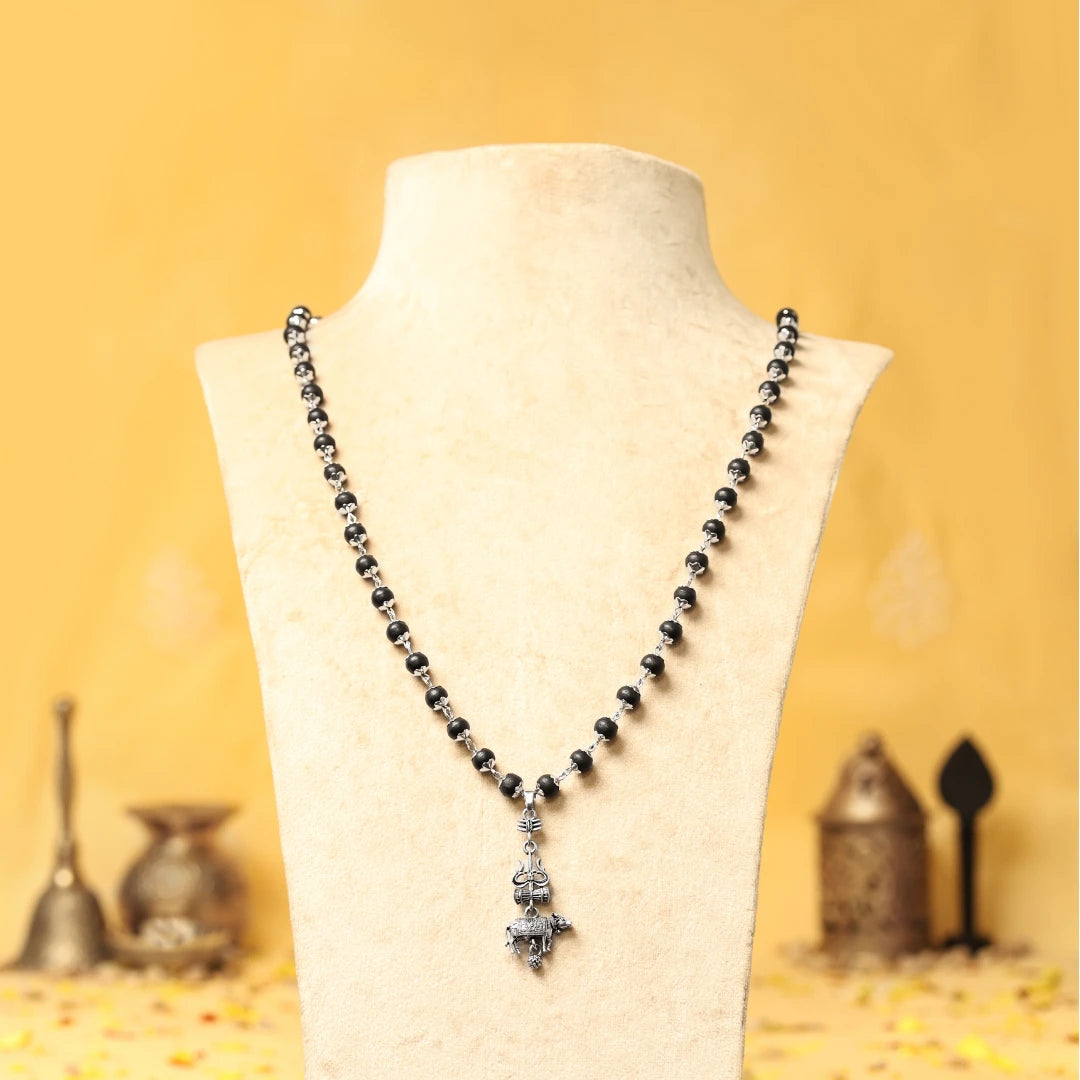 Silver Cap Karungali Mala with Trishul Nandi Pendant