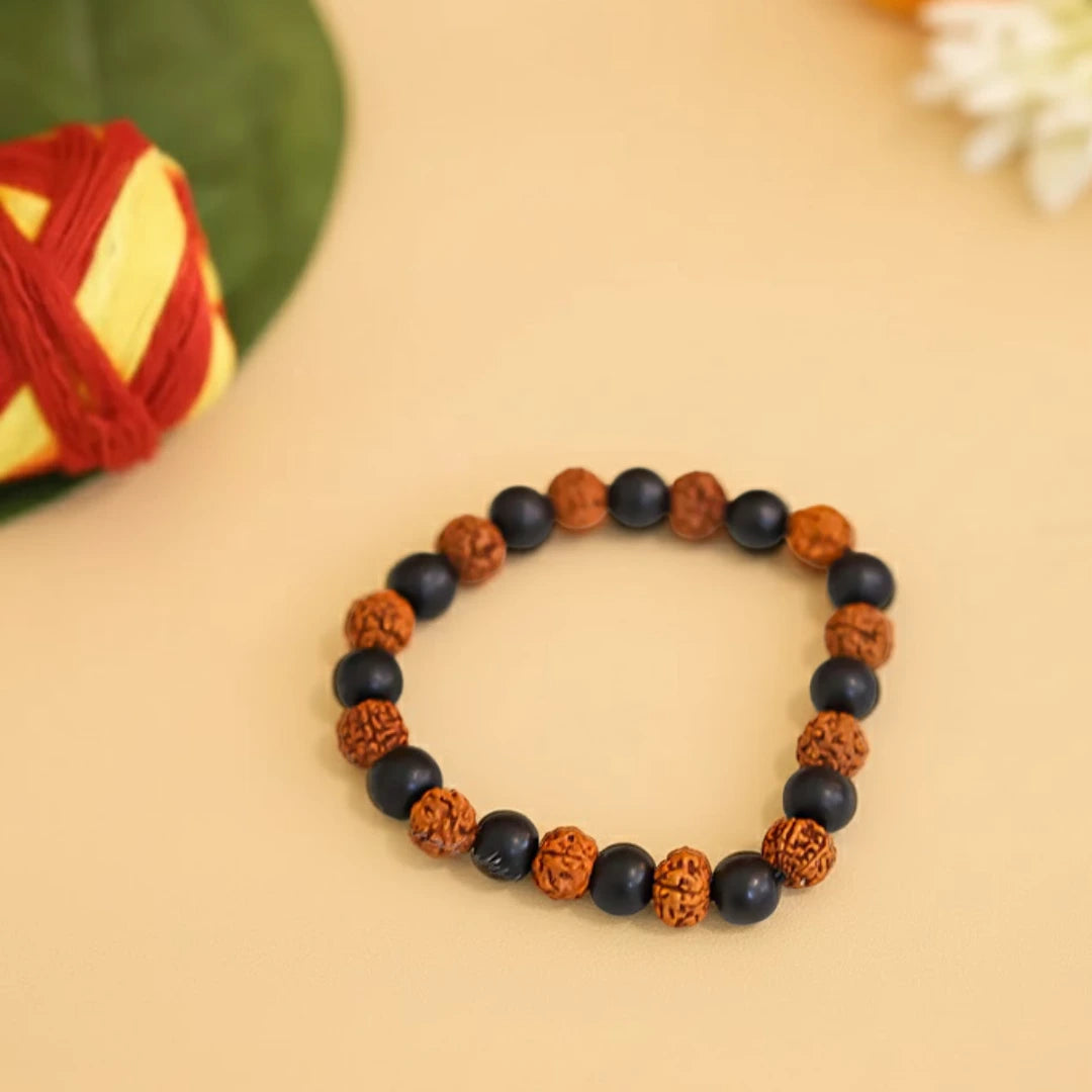 Karungali Rudraksha Bracelet - Natural Ebony Wood & 5 Mukhi Rudraksha Beads