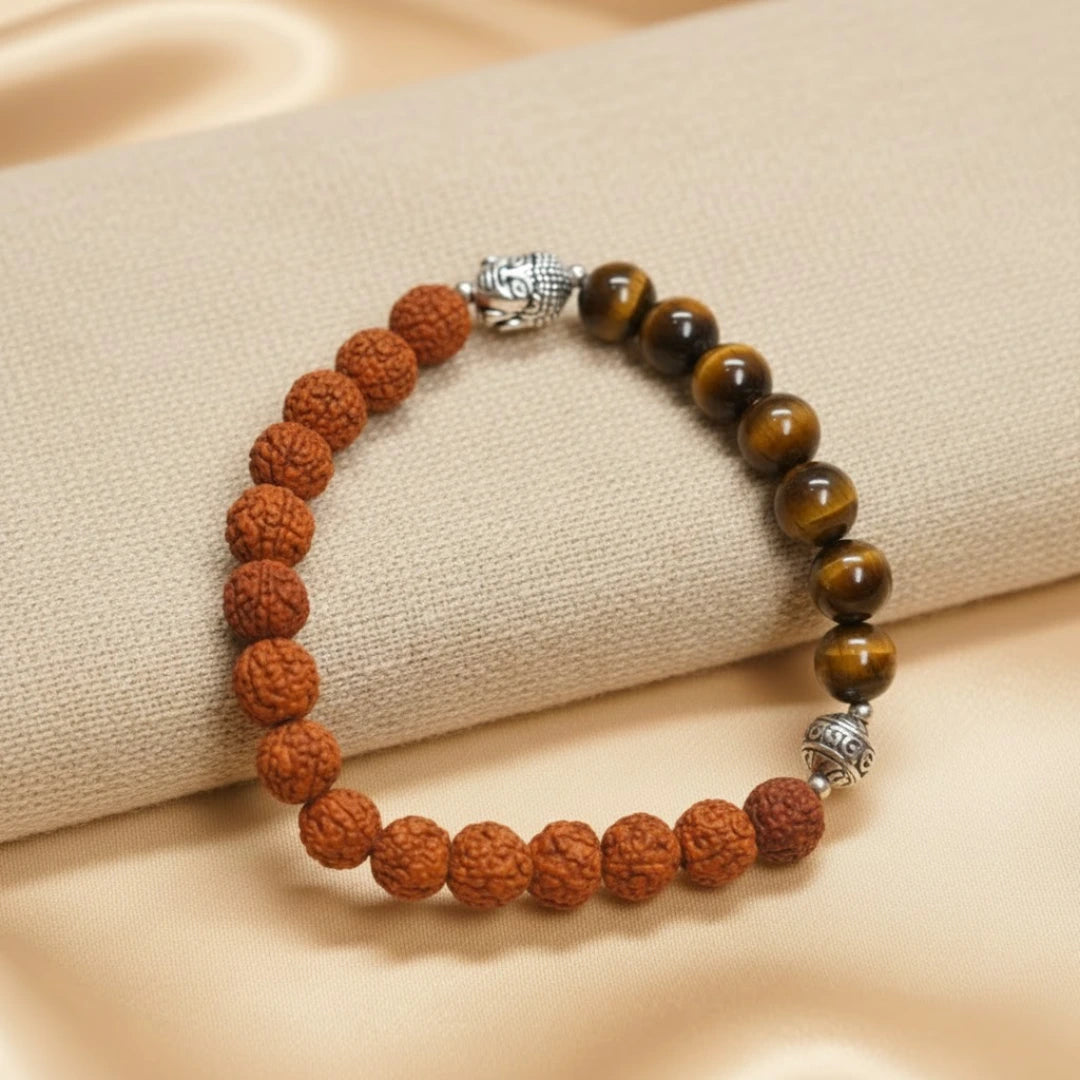 Spiritual Harmony Bracelet - Tiger's Eye, Rudraksha, and Buddha Symbol