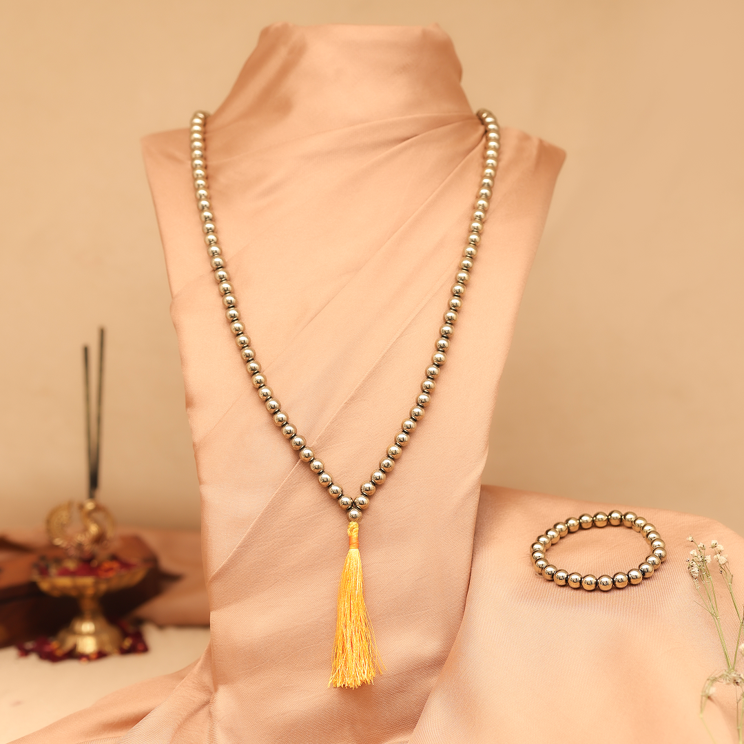 Golden Pyrite Stone Necklace 108 Beads Mala & Bracelet