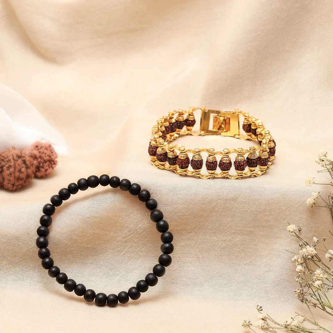 Divine Duo - Gold Plated Rudraksha & Karungali Malai Bracelet Combo