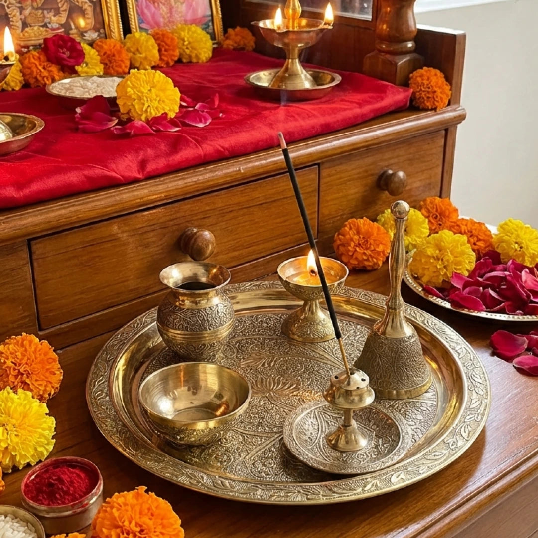 Antique Gold Brass Pooja Engraved Thali (Set of 6)