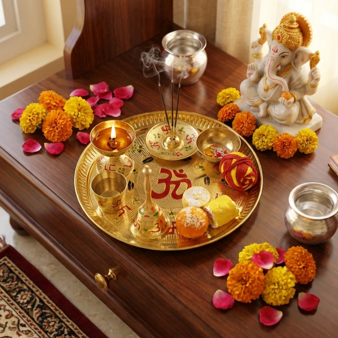 Antique Gold Premium Brass Pooja Thaal (Set of 5)