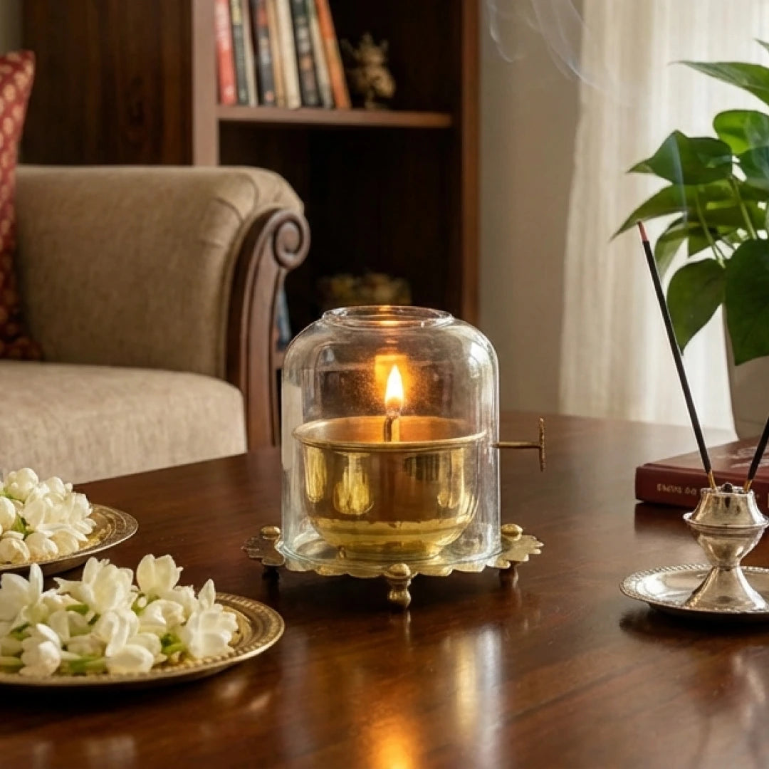 Brass Akhand Jyot Oil Diya with Boro-Silicate Glass
