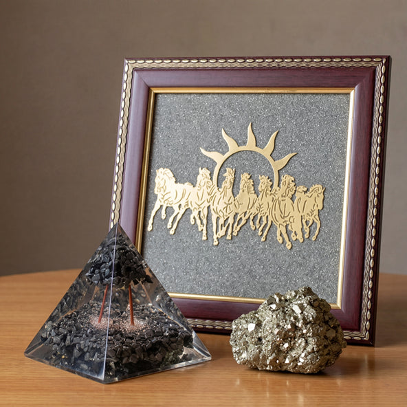 7 Horses Pyrite Frame for Wealth and Success with Pyrite Pyramid combo