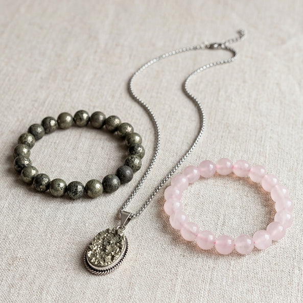 Rose Quartz and Pyrite Bracelet Combo with Pyrite Pendant for Love and Wealth combo