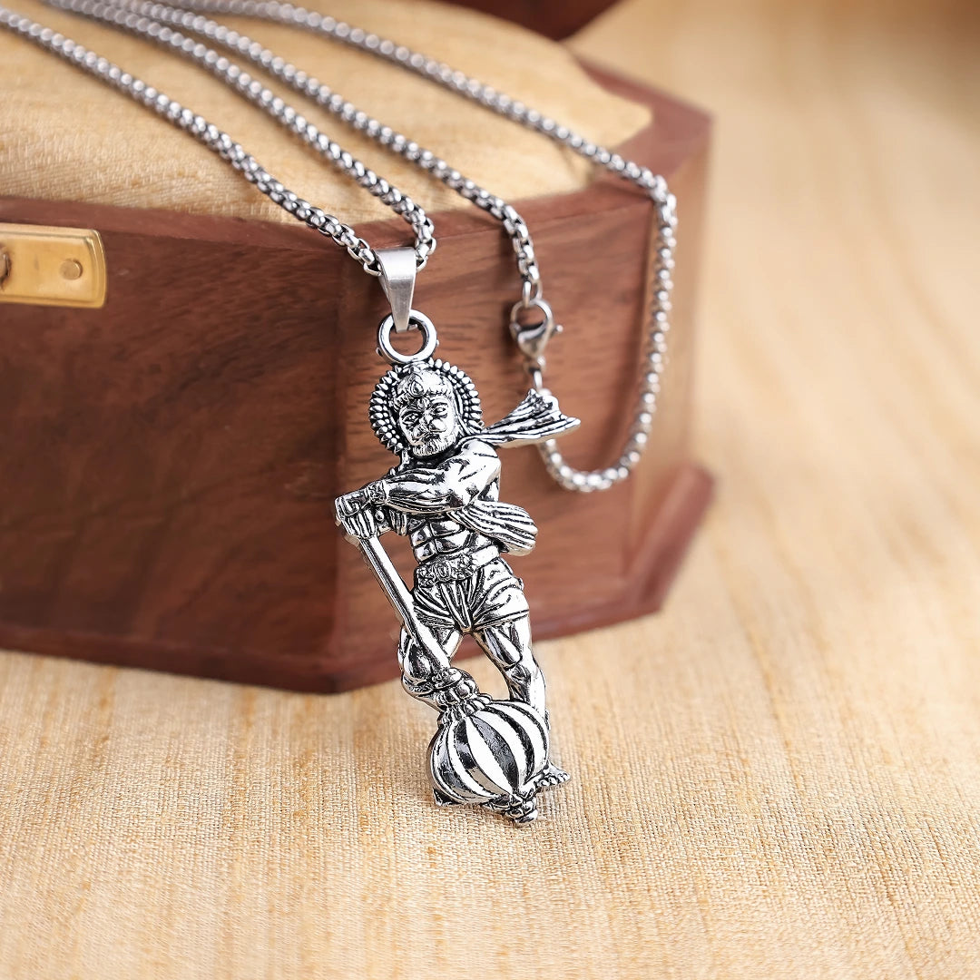 Silver Plated Standing Hanuman Gadha Pendant
