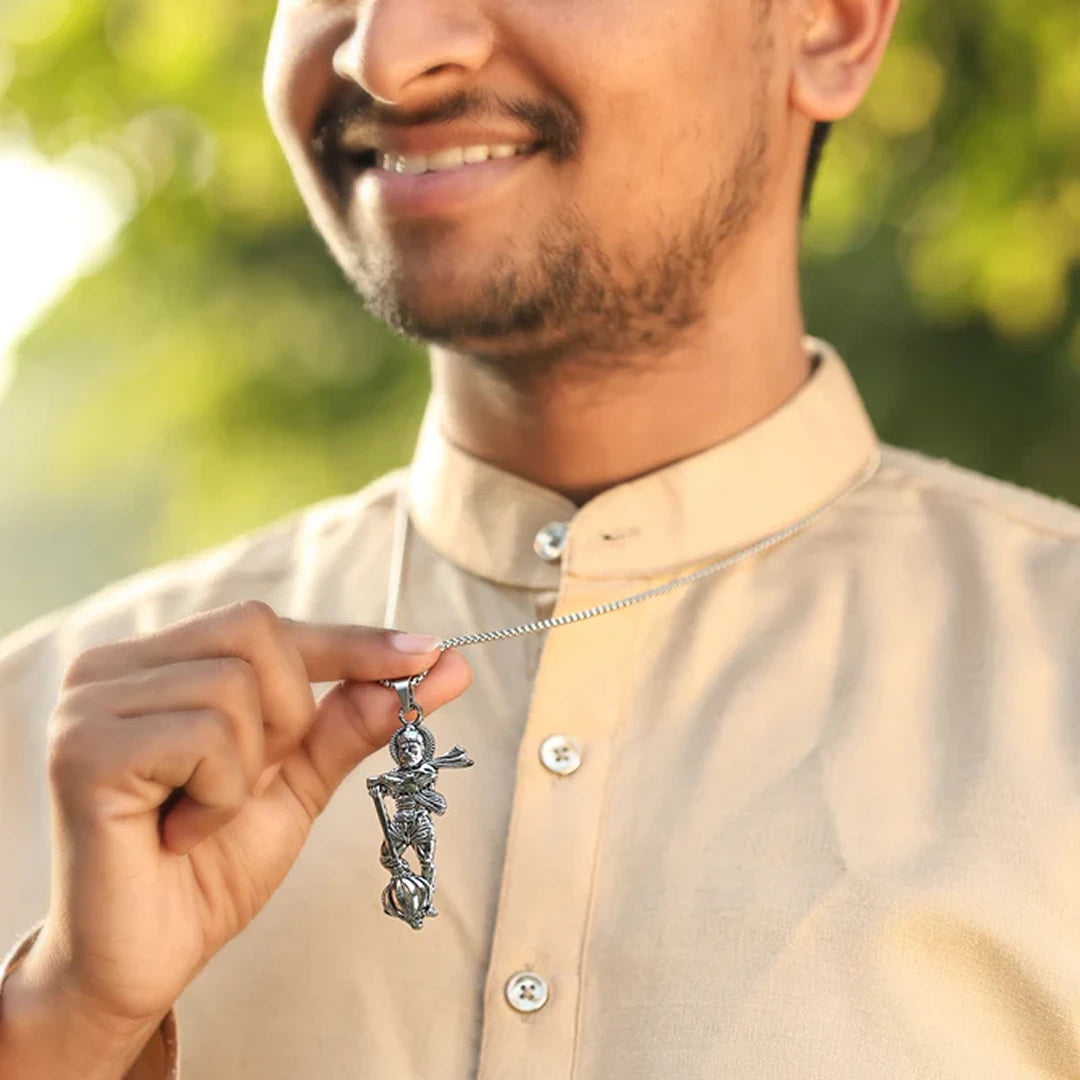 Silver Plated Standing Hanuman Gadha Pendant