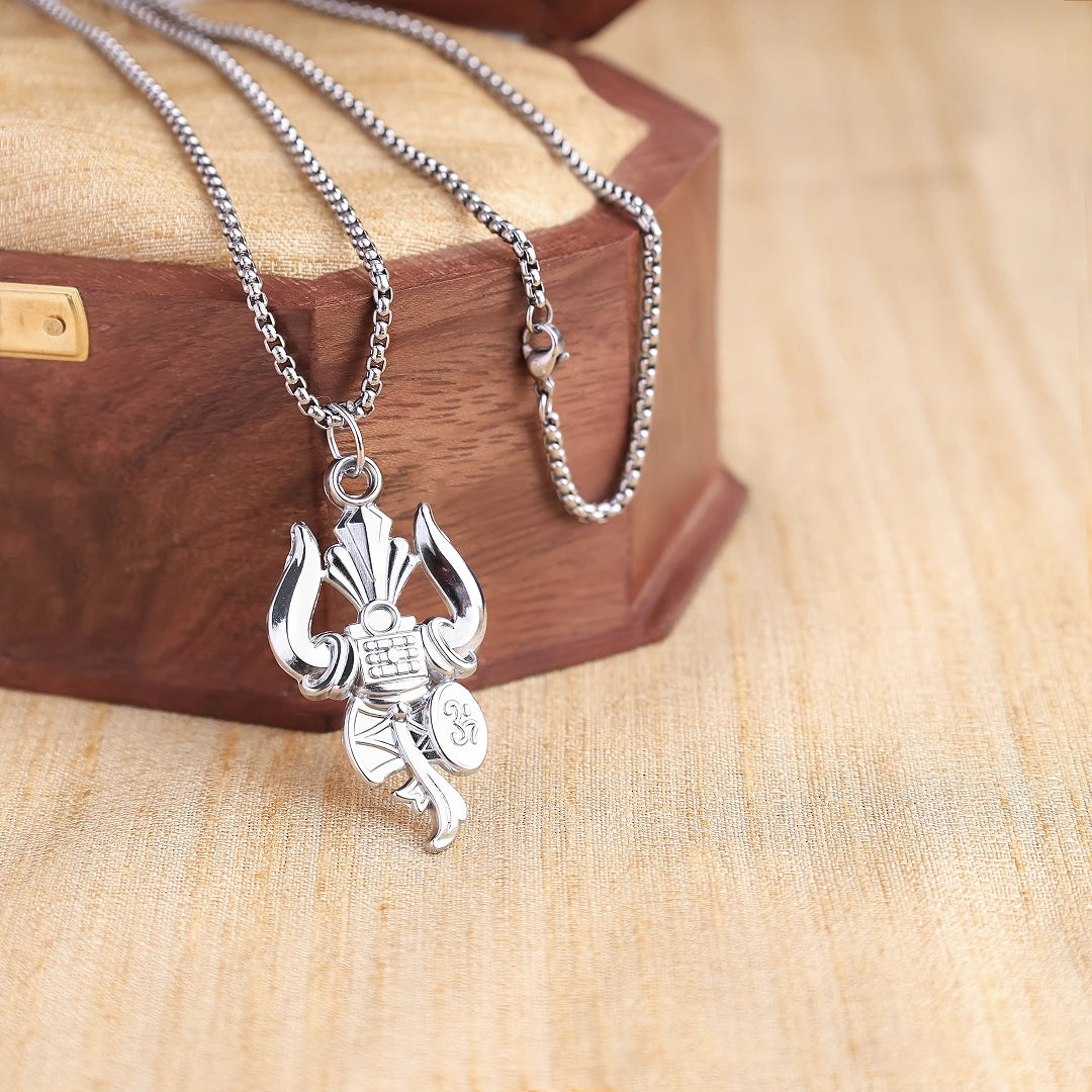 Silver Plated Shiva Trishul & Damaru Pendant