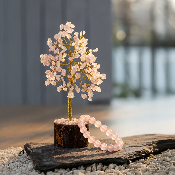 Rose Quartz Crystal Tree and Rose Quartz Stone Bracelet Combo for Love and Emotional