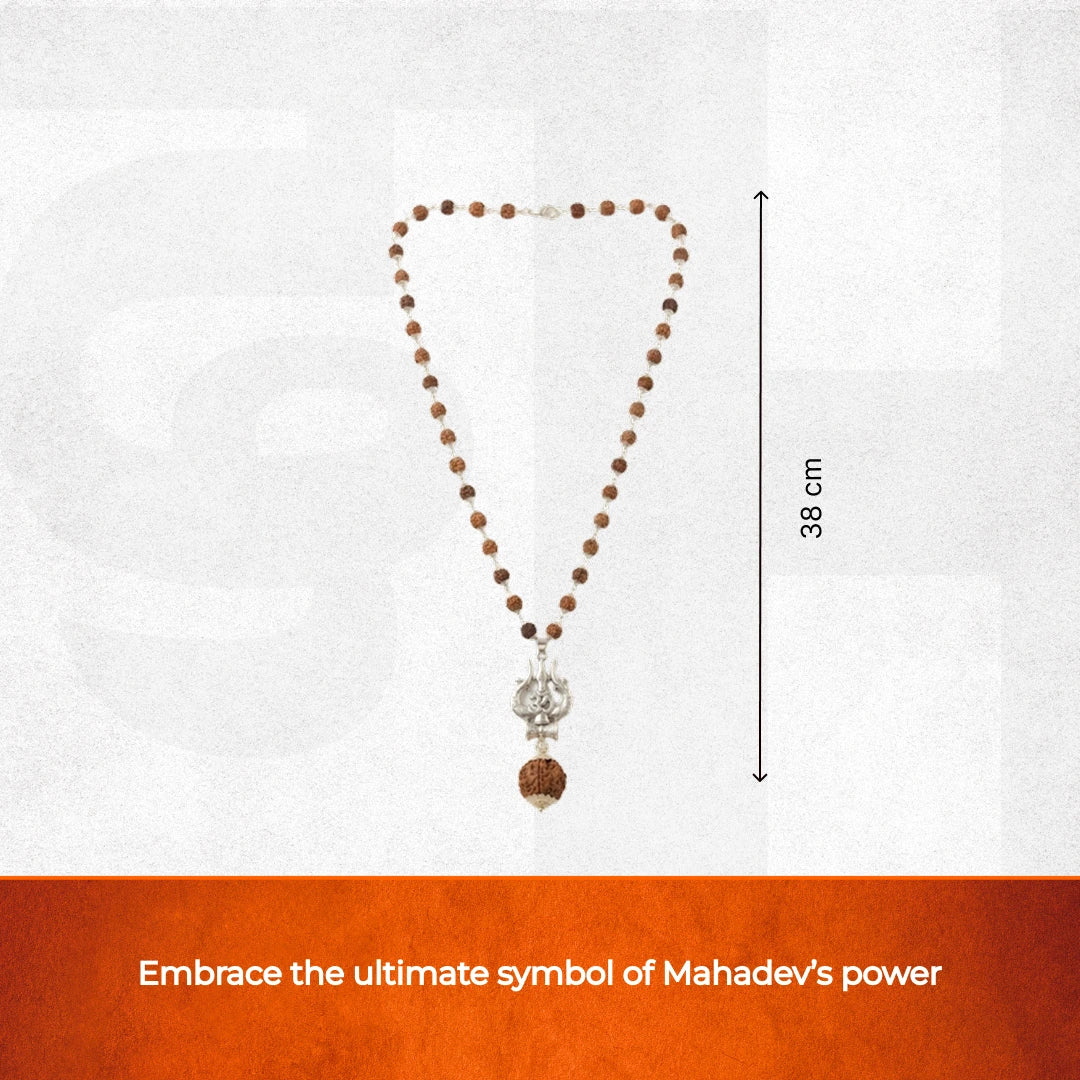 Silver Capped Rudraksha Mala with Trishul Damroo and 5 Mukhi Rudraksha