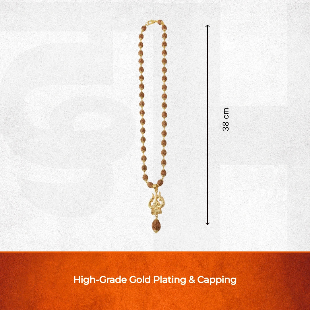 Gold Capped Rudraksha Mala with Trishul Damroo and 5 Mukhi Rudraksha