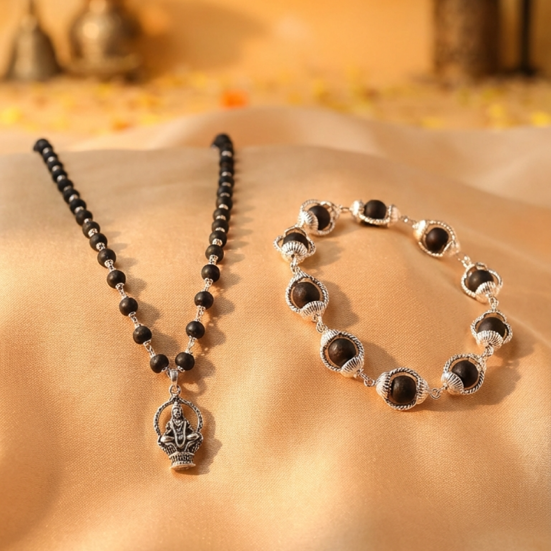 Lord Ayyappa Karungali Malai & Bracelet Silver Cap Combo (Govt Certified)