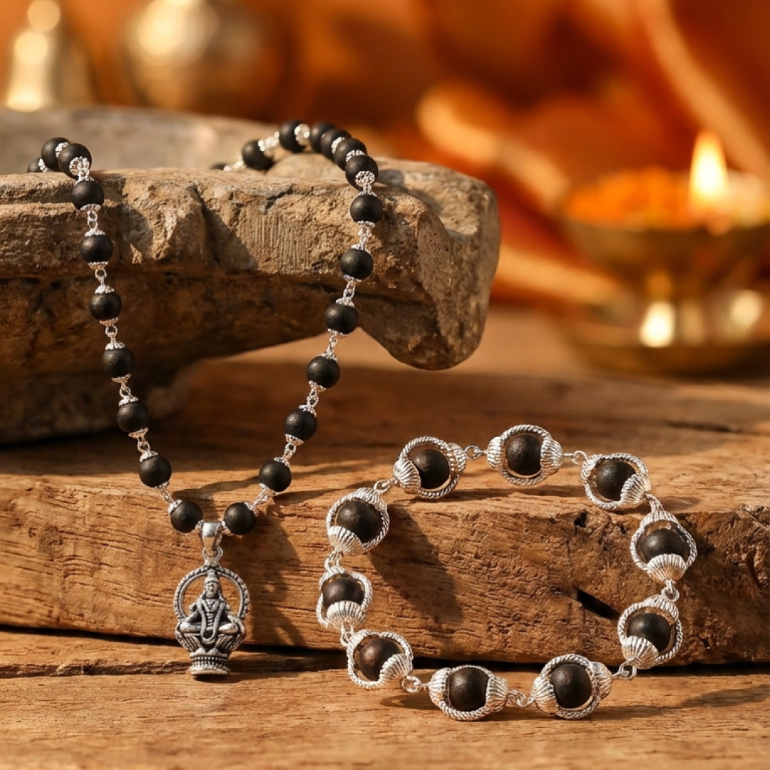 Lord Ayyappa Karungali Malai & Bracelet Silver Cap Combo (Govt Certified)