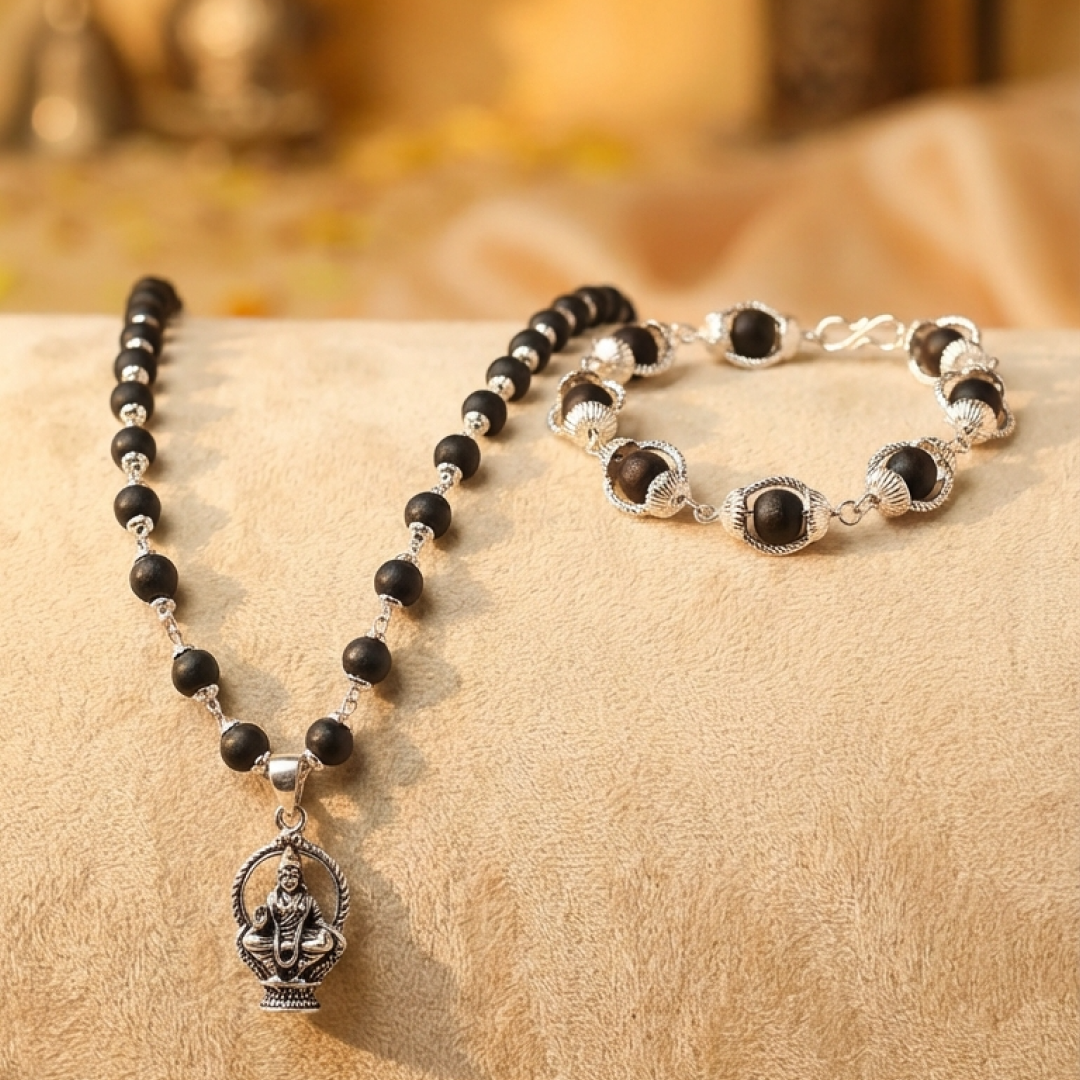 Lord Ayyappa Karungali Malai & Bracelet Silver Cap Combo (Govt Certified)