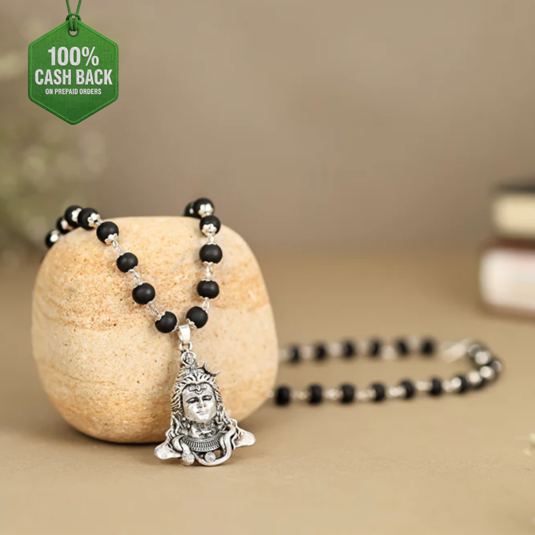 Shiv Pendant Karungali Malai Silver Cap Necklace with Govt. Certification