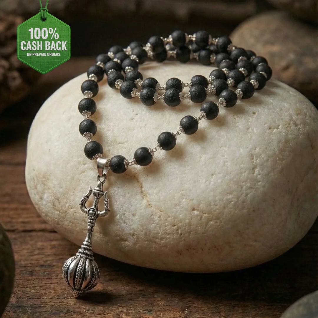Silver Cap Karungali Mala With Hanuman Gada And Trishul