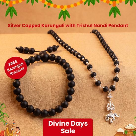 Silver Capped Karungali with Trishul Nandi Pendant with FREE Karungali Bracelet