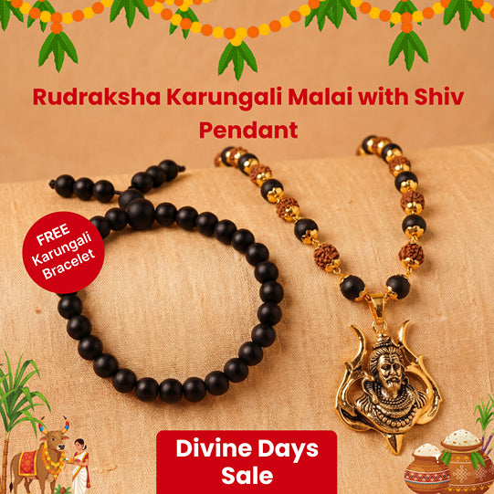 Rudraksha Karungali Malai in Gold-Cap with Shiv Pendant with FREE Karungali Bracelet