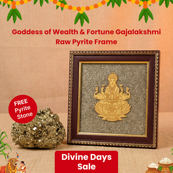 Goddess of Wealth & Fortune Gajalakshmi Raw Pyrite Frame with FREE Raw Pyrite Stone