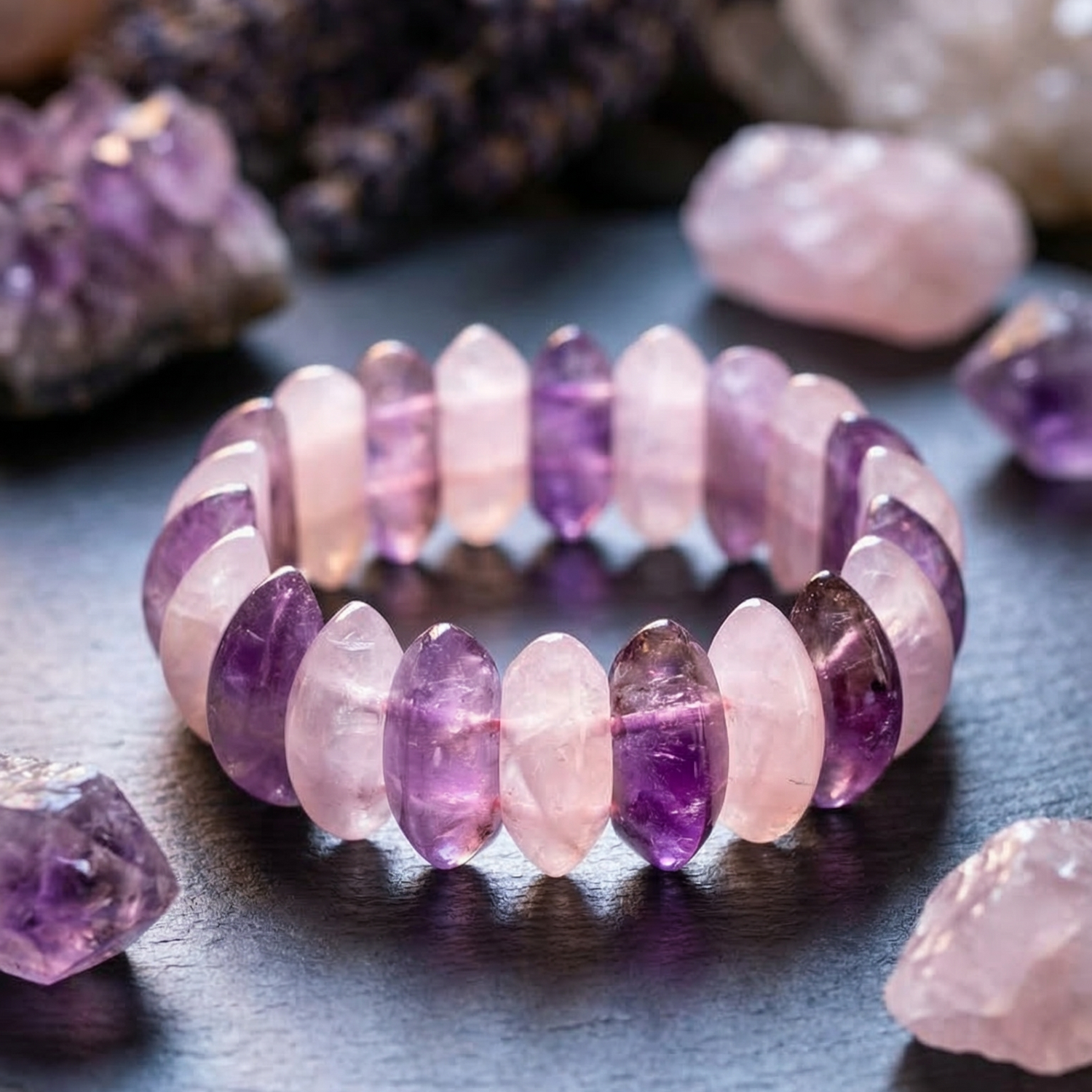 Amethyst and Rose Quartz Oval Cut Bracelet