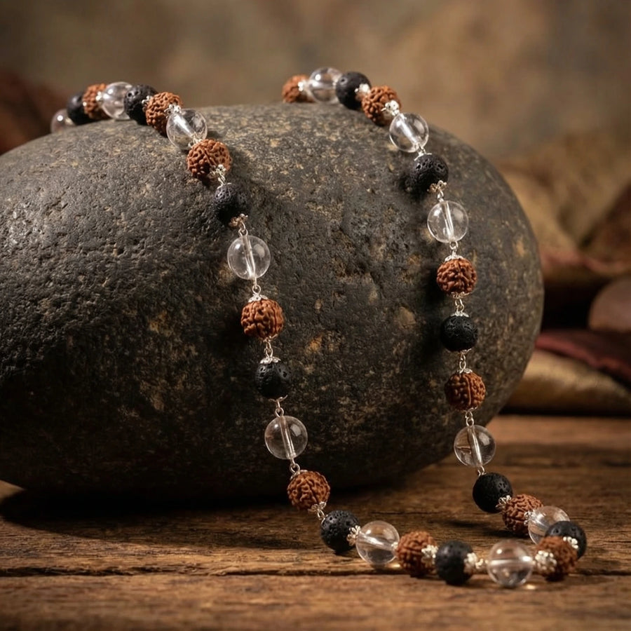 Silver Cap Rudraksha Karungali Sphatik Mala