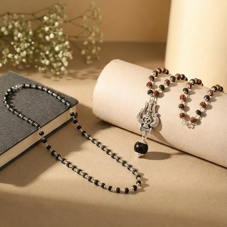 Om Shiva Trishul Rudraksha & Karungali Silver Cap Necklace Combo (Certified)