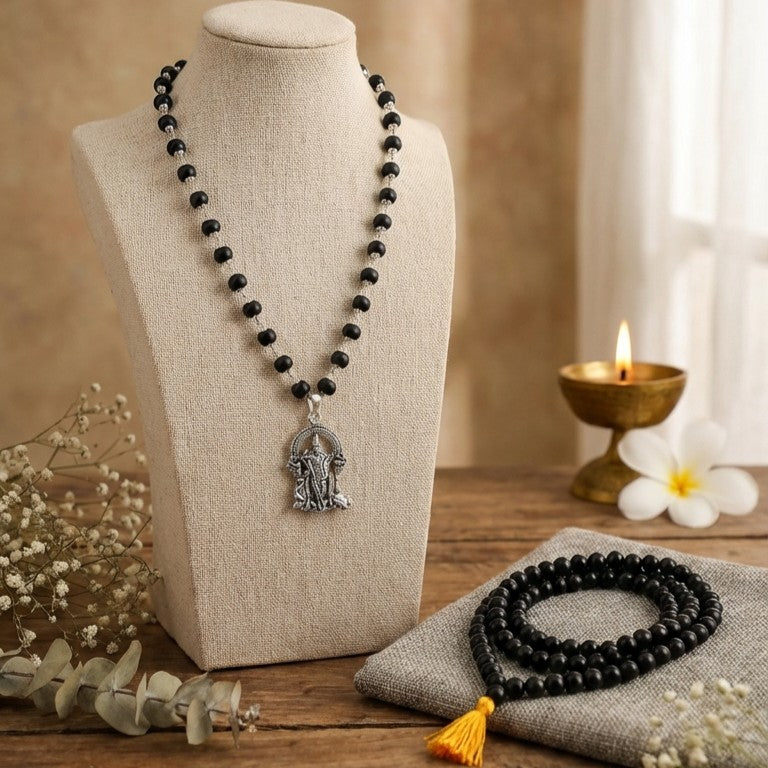 108 Beads Karungali Malai & Silver Murugan Pendant Combo (Certified)