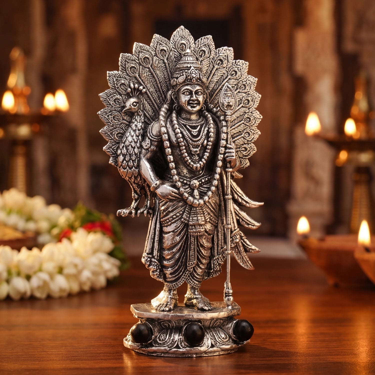 Divine Lord Murugan Idol with Peacock