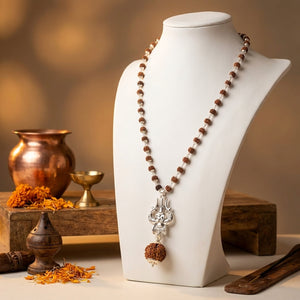 Silver Capped Rudraksha Mala with Trishul Damroo and 5 Mukhi Rudraksha