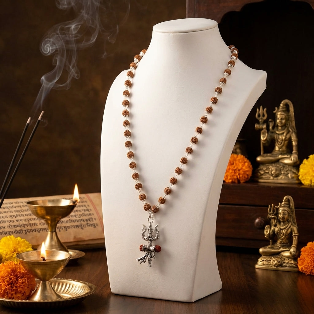 Silver Cap Rudraksha Mala with Trishul Damroo