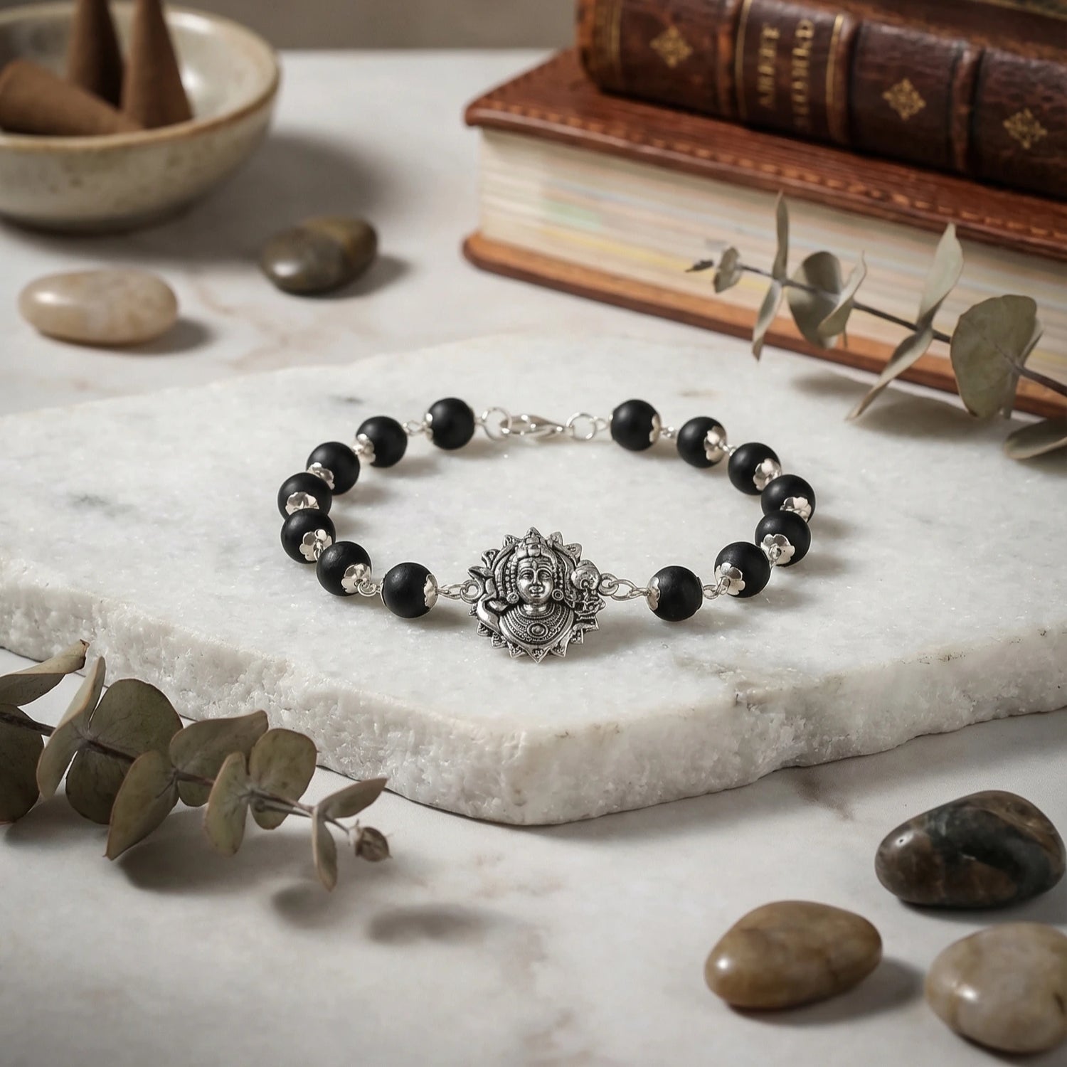 Lord Murugan Face Bracelet with Silver Capped Karungali