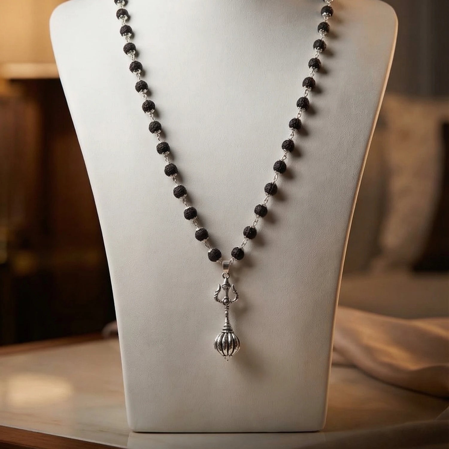 Silver Cap Karungali Mala With Hanuman Gada And Trishul