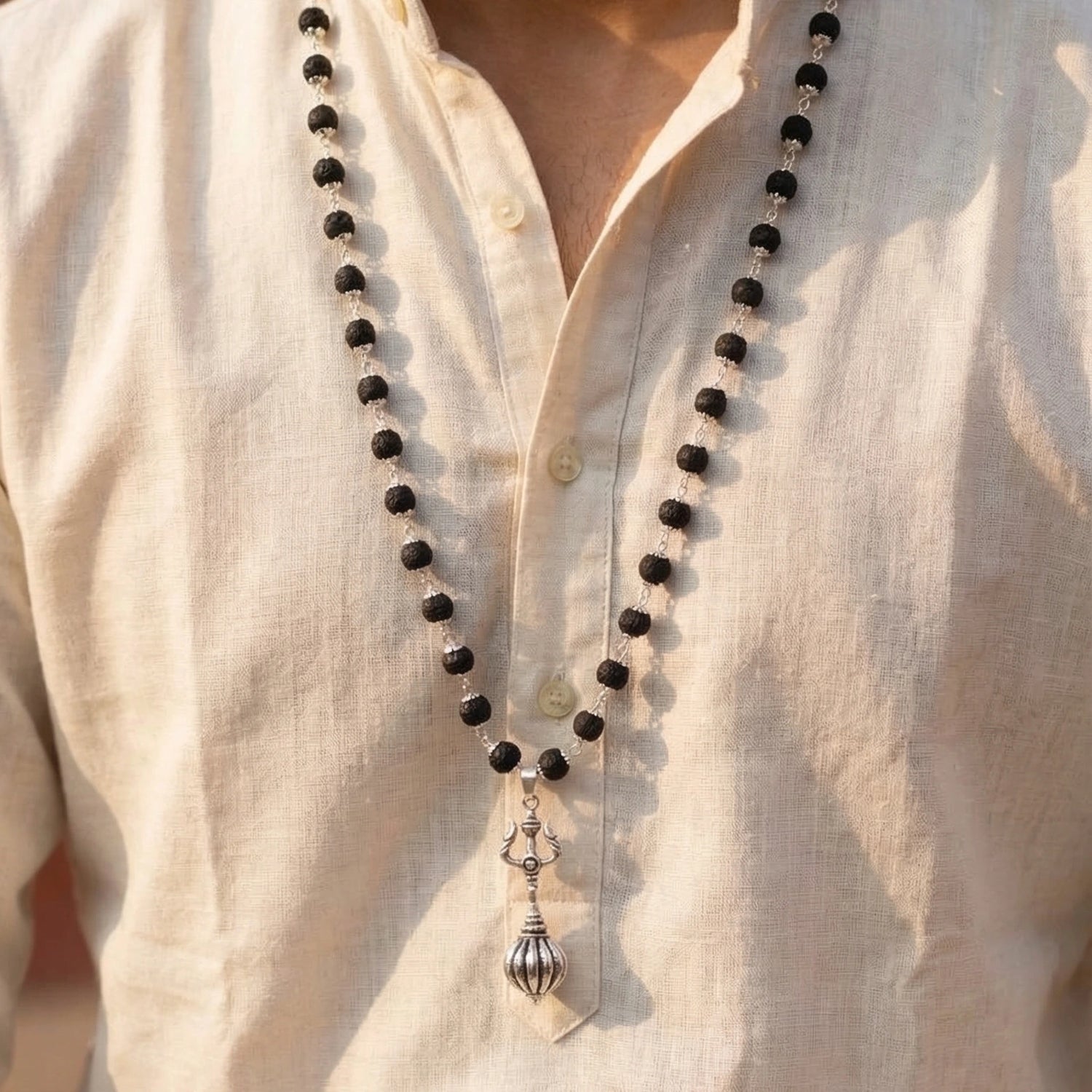 Silver Cap Karungali Mala With Hanuman Gada And Trishul