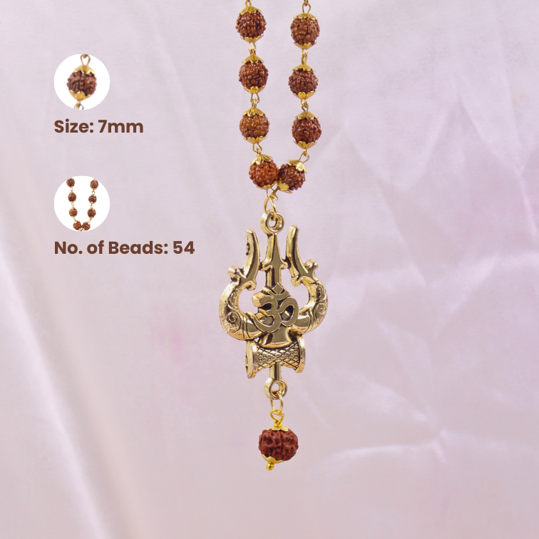 Gold Plated OM Shiva Trishool Rudraksha Necklace 54 Beads