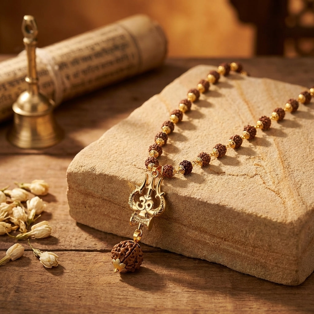 Gold Capped Rudraksha Mala with Trishul Damroo and 5 Mukhi Rudraksha