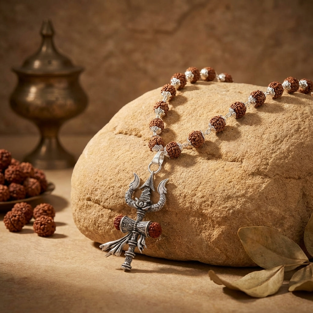 Silver Cap Rudraksha Mala with Trishul Damroo