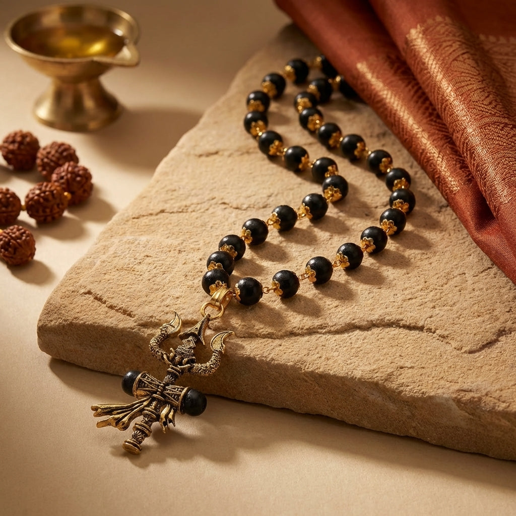 Gold Cap Karungali Mala with Trishul Damroo