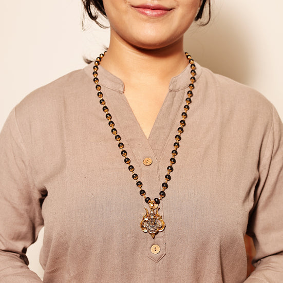 Divine Karungali Malai with Gold Capped Beads & Shiv Trishul Pendant