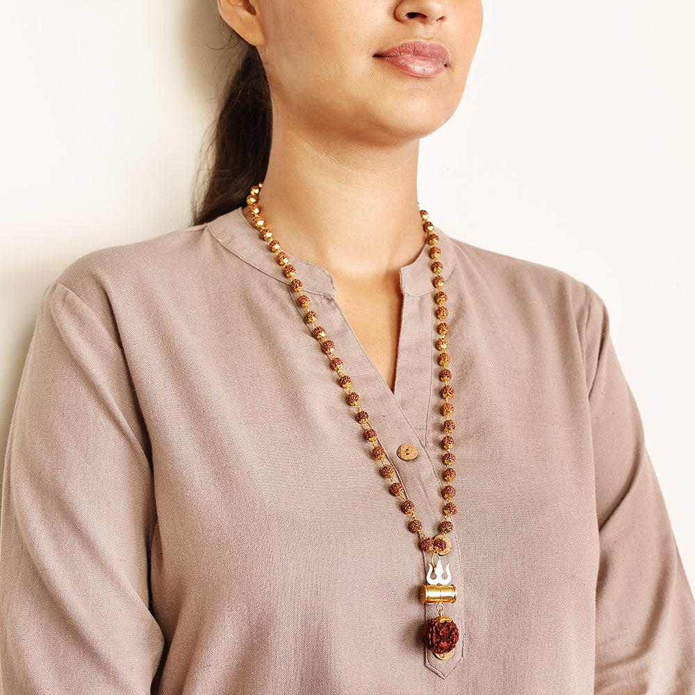 Gold-Plated Rudraksha Shiva Damroo Trishool Necklace