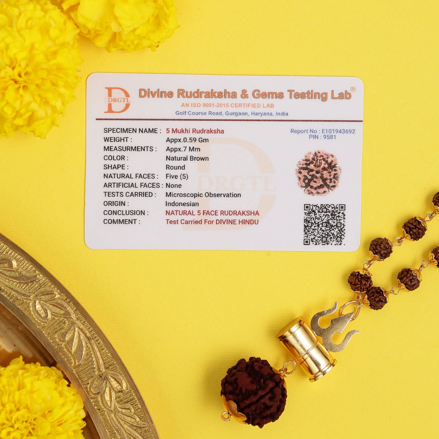 Gold Plated Shiva Damroo Trishool Rudraksha Necklace – 54 Beads, Lab Certified