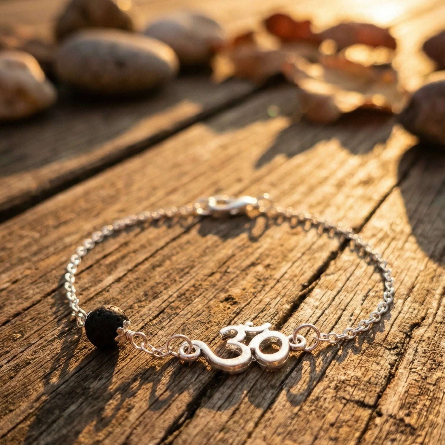 Karungali Bracelet Silver on a wooden surface