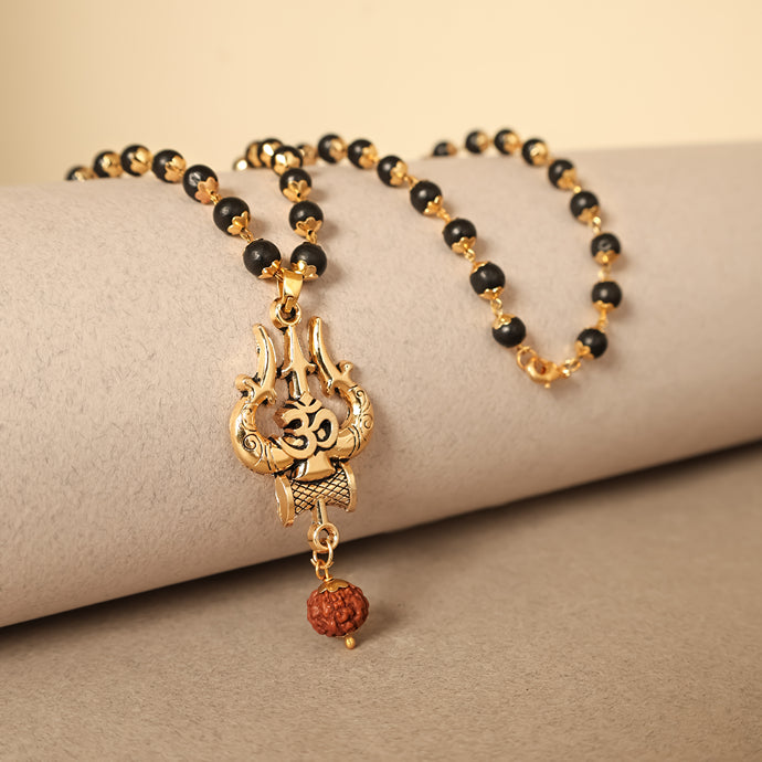 Karungali Mala with Gold-Cap with Shiv Trishul & Rudraksha Pendant 54B