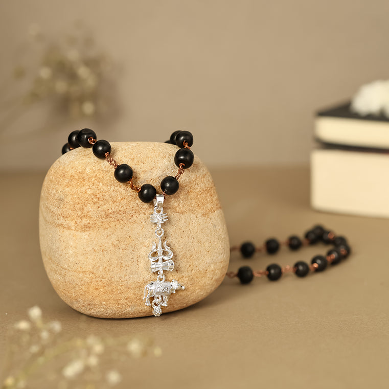 Karungali Malai (Copper wire) with Shiv Trishul & Nandi Pendant in Silver Finish