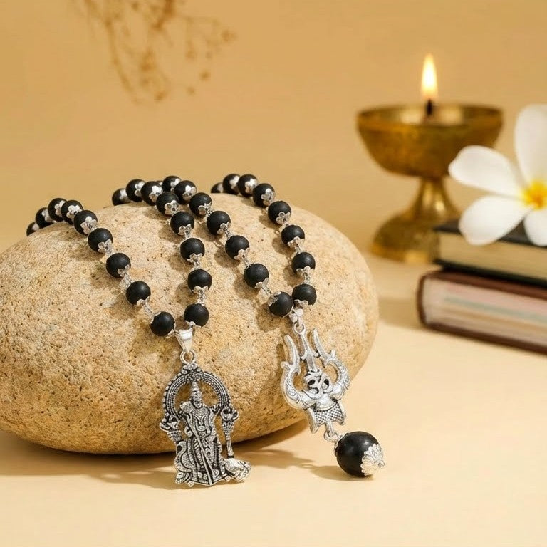 Shiva Shakti Combo: Karungali Trishool Mala & Murugan Silver Pendant