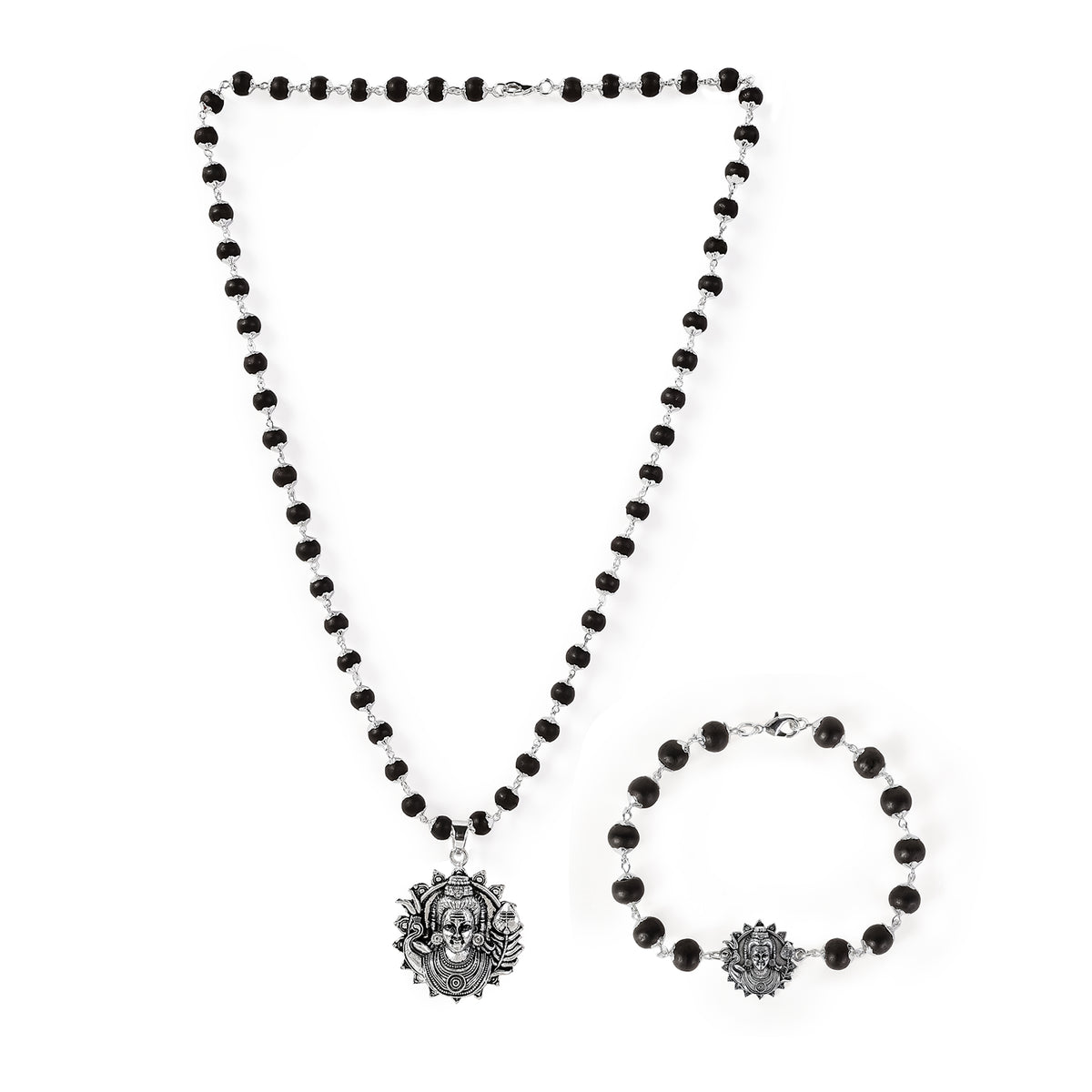 Lord Murugan Silver-Capped Karungali Combo (Pendant & Bracelet)