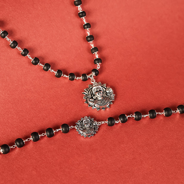 Lord Murugan Silver-Capped Karungali Combo (Pendant & Bracelet) Closeup